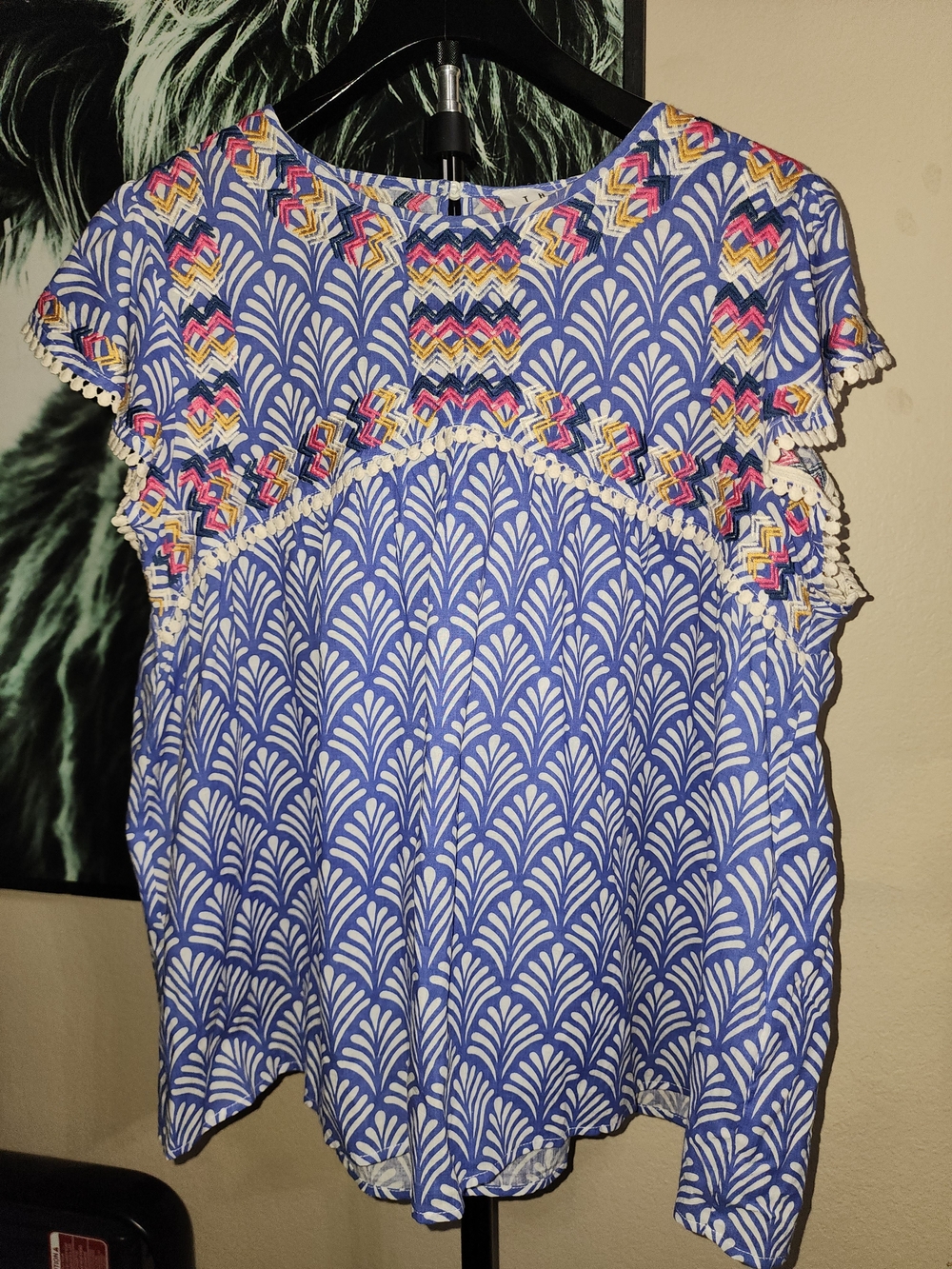 THML Blue and White Printed Short Sleeve Top with Colorful Embroidered Yoke